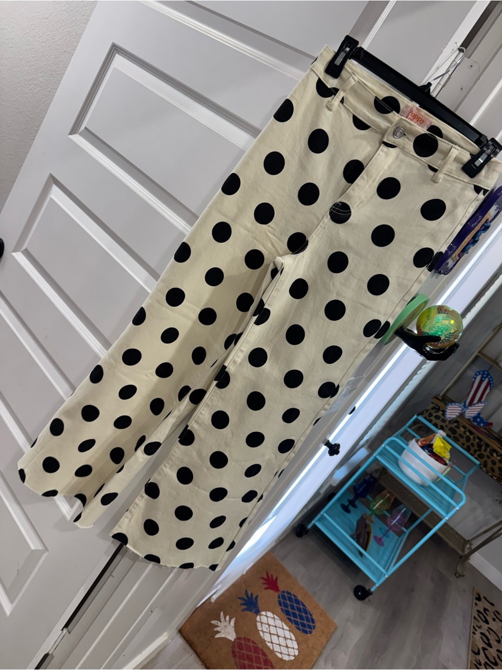 Cream Wide Leg Polka Dot Pants with Black Dots